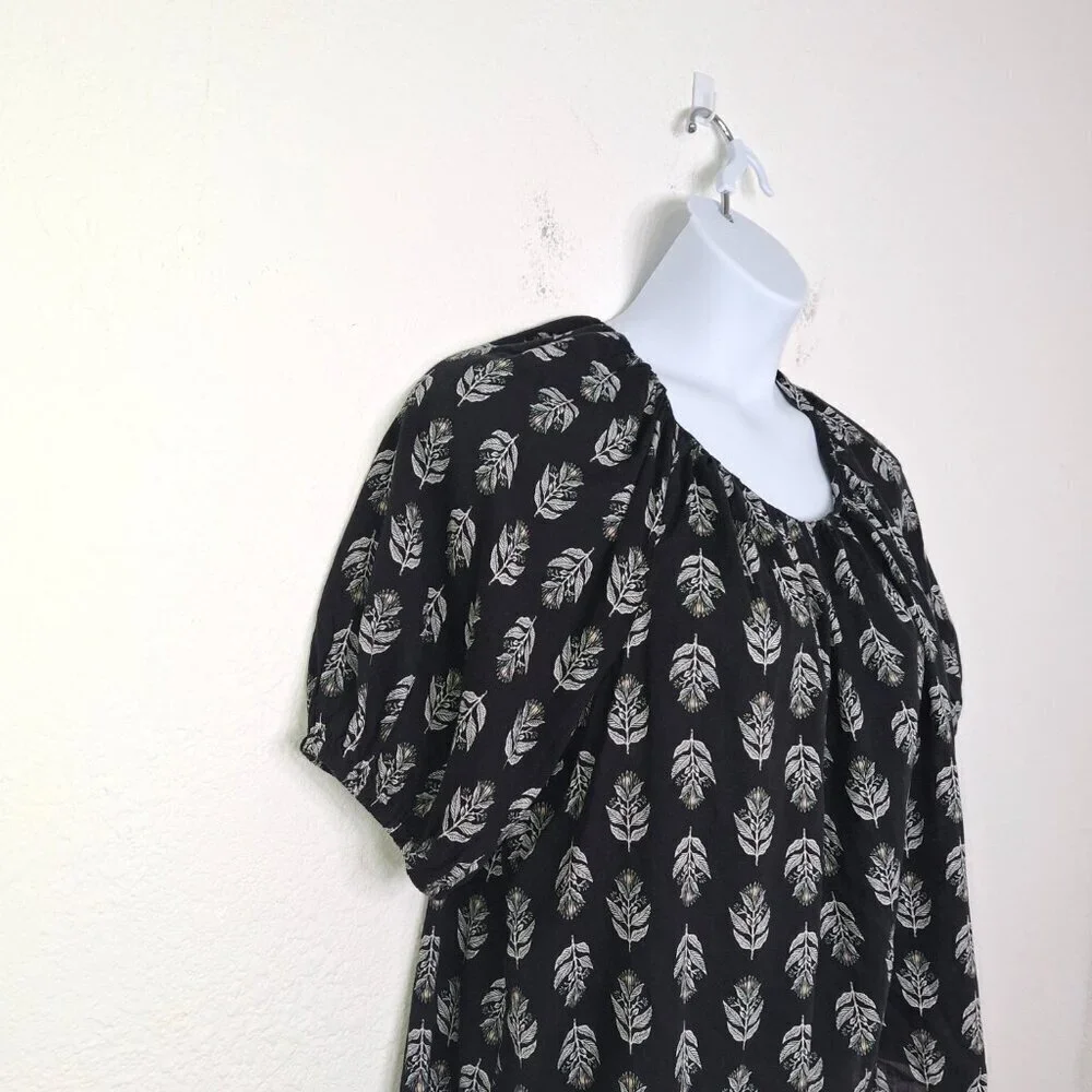 Old Navy Floral Blouse Sz L Puff Sleeve Flowy Tie Back Boho Coastal Neutral